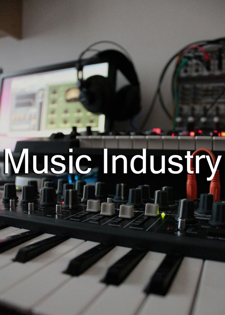 Synthesisers and a mixing desk in a music studio